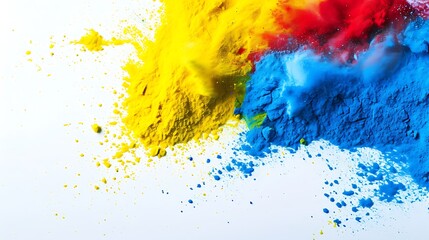 Red yellow blue Colorful Holi powder on white background