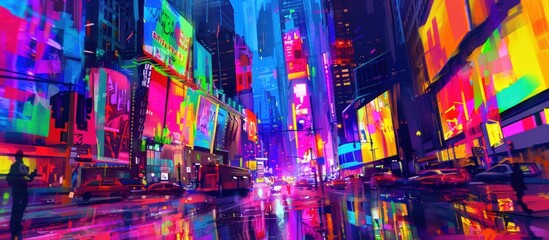 Illustration painting of futuristic vibrant colorful cyberpunk city. AI generated image