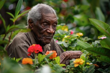 Obraz premium Elderly man with contemplative gaze tending to garden blooms