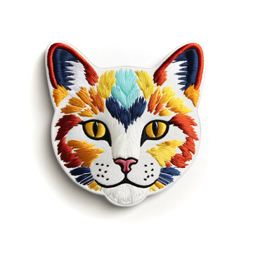 Colorful cat head embroidered patch badge on white background.