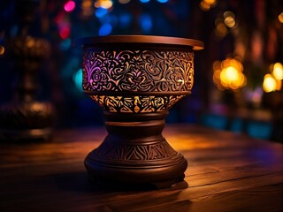 The wooden table stands tall against the dark background, its surface adorned with intricate carvings and designs. The neon lights above create a mesmerizing contrast, casting a warm glow on the table
