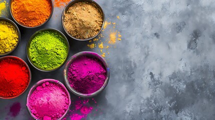 top view of colorful traditional holi powder in bowls isolated on white