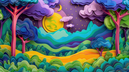 Paper Artwork Colorful Landscape Panorama Concept Art image HD Print 8736x4898 pixels ar16:9. Neo...