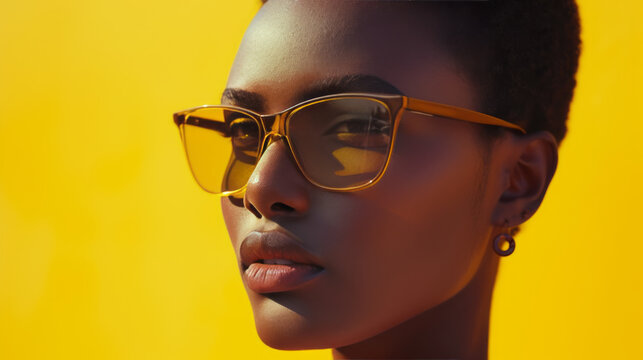 Close-up portrait of charming young black woman with short haircut against yellow studio background. Beautiful African model with natural makeup and stylish sunglasses. Ethnic hairstyle and diversity.