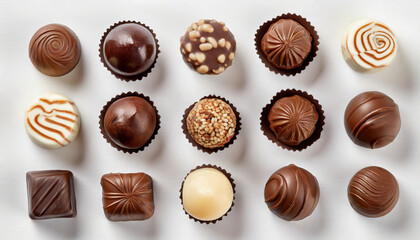 Assortment white, dark and milk chocolate candies. Top view chocolate candy, sweet tasty food