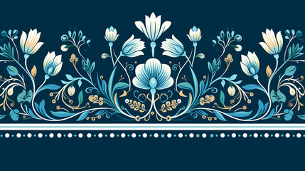 Traditional Seamless  Floral Border in Blue-Green, Inspired by Indian Vintage. 