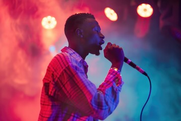 Emotive young black male artist singing with closed eyes, engulfed in stage smoke and warm lighting