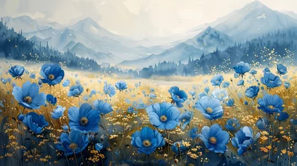 Fotobehang Mountain landscape with wild blue flowers watercolor © Lavinia
