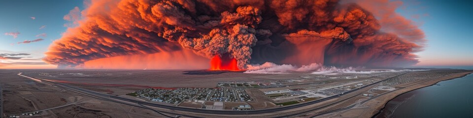 Epic panorama of a volcanic eruption with a powerful lava fountain under a breathtaking red sky, reflecting on a calm body of water - obrazy, fototapety, plakaty