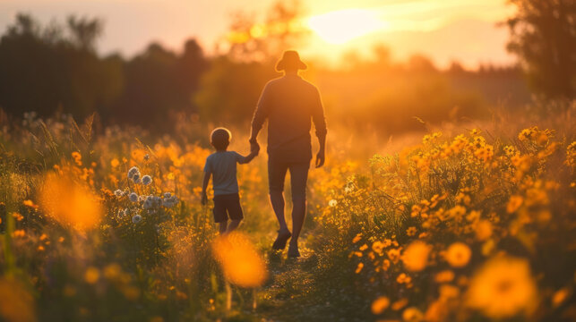 Rear view of father and kid in casual clothes walking along a path in the grass on a flowering meadow on beautiful summer evening. Happy family watching the setting sun enjoying their time together.