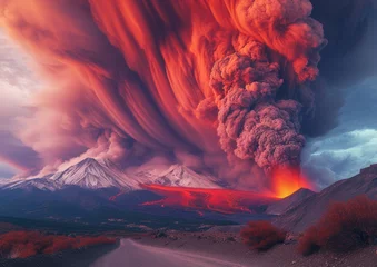 Tuinposter Apocalyptic volcanic eruption with dramatic ash plume and lava flow against a surreal twilight sky, showcasing nature's fury and power © Ross