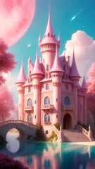 Magic fairy tale castle on a blue sky background