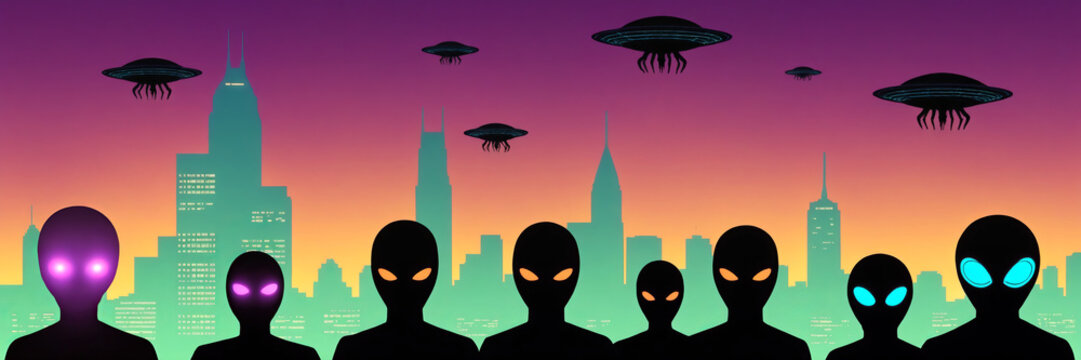 Alien attack. Silhouette of a group of aliens in the city