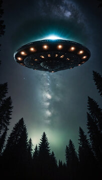 UFO flies in the night sky above the forest