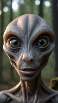 Close-up portrait of an alien creature with big eyes in the forest
