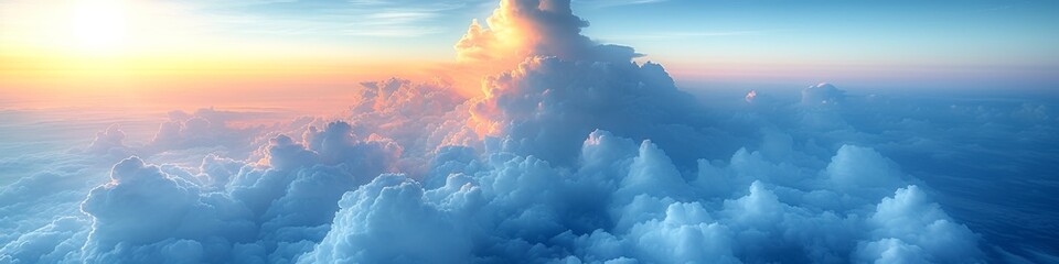 Ethereal cloudscape with soft sunlight illuminating ice-like cloud peaks, giving a feeling of flying above the heavens - obrazy, fototapety, plakaty