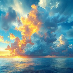 Sunset Cloudscape Over Ocean with Vibrant Colors, A Theatrical Display of Sunlight and Shadows Amongst Billowing Clouds