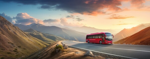 Modern bus is transporting passengers in mountains with sunset on holiday, banner. Generative Ai.