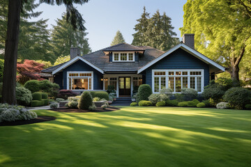 Fototapeta premium A classic American country house with a green lawn in front of the house. Generated by artificial intelligence
