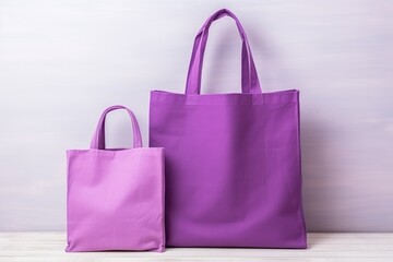 A pair of reusable purple eco-friendly tote bags in different sizes against a white backdrop. Two Purple Cloth Eco Bags on White Background