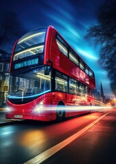 Modern bus is transporting passengers during night on holiday. Generative Ai.