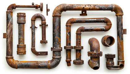Fototapeta premium Old weathered pipes, metal metal pipes, rusty pipes, overhead photo of weathered pipes, rusty old pipes