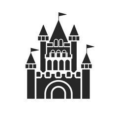 Obraz premium Icon of black castle. Tower, fortress. fairy tale, magic, fantasy logo. Holiday. Vector illustration isolated on white