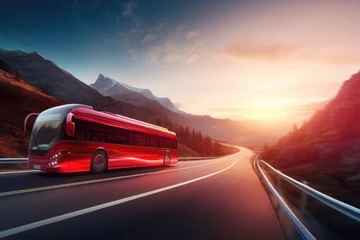 Deurstickers Modern bus is transporting passengers in mountains with sunset on holiday. Generative Ai. © annamaria