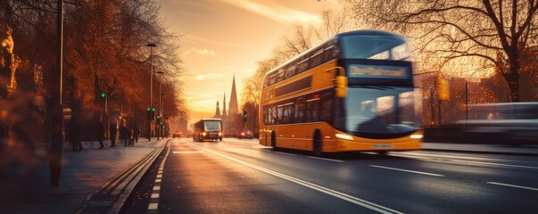 Modern bus is transporting passengers in big city with sunset on holiday, banner. Generative Ai.