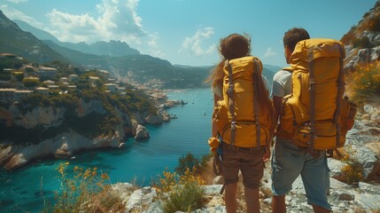 Two hikers with backpacks enjoy the scenic view of a lake from a mountain top - obrazy, fototapety, plakaty