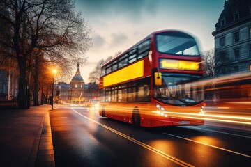 Modern bus is transporting passengers in city with sunset, long exposure. Generative Ai.