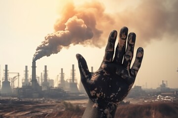 Hand covered in soot with smokestacks behind. Hand Against Pollution - obrazy, fototapety, plakaty
