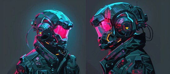 Futuristic illustration cyberpunk soldier of science fiction military robot glowing neon background.
