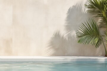 Fototapeta na wymiar A tranquil pool with palm tree shadow on a textured concrete wall. Poolside Serenity with Palm Shadow on Wall