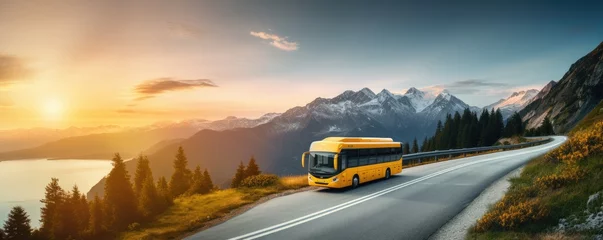 Deurstickers Modern bus is transporting passengers in mountains with sunset on holiday, banner. Generative Ai. © annamaria