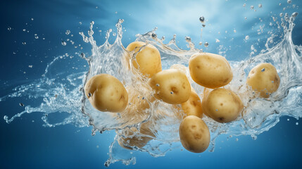 A cluster of fresh potatoes caught in a burst of crystal-clear water, ideal for highlighting organic farming, freshness in produce markets, and healthy eating campaigns. High quality illustration - obrazy, fototapety, plakaty