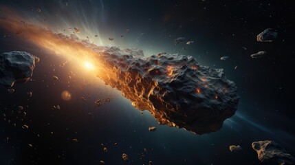 Asteroid collision with planet Earth realistic illustration view from space. A huge asteroid flying towards planet Earth. Galaxy and space, end of the world, doomsday, cosmic danger, fantasy.