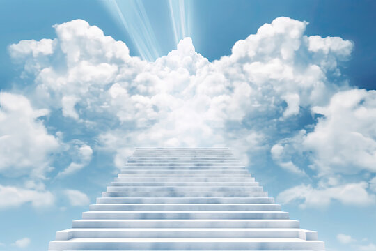 Stairway leads upwards into the sky filled with clouds, disappearing into the distance