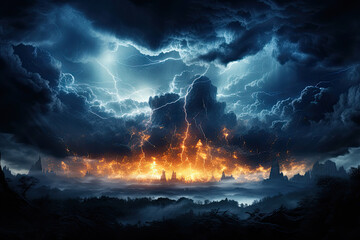 Brooding sky crackles with lightning amidst heavy clouds in a dramatic natural display of power and energy