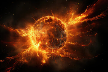 Vibrant depiction of celestial event, featuring a planet-like object in throes of catastrophic explosion with fiery tendrils in vastness of space - obrazy, fototapety, plakaty