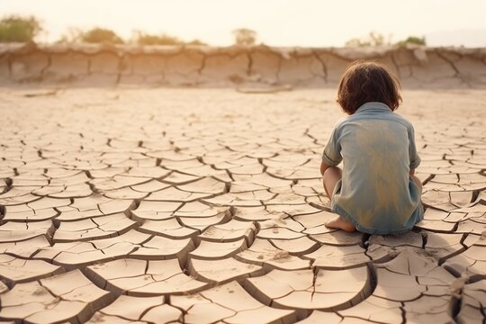 A lone child sits on parched earth, symbolizing the water crisis. Child Contemplating on Cracked Dry Earth
