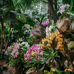 Fototapeta na wymiar Lush Orchid Display in Tropical Greenhouse