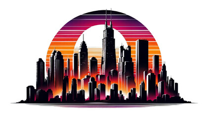 Retro Futuristic Cityscape with Vibrant Sunset and Skyscrapers