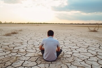 Back view of a man sitting on parched ground, symbolizing climate change and drought. Man Contemplating on Cracked Dry Earth