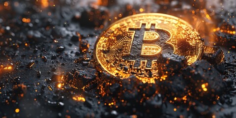 Golden Bitcoin Explosion: Cryptocurrency and Blockchain - obrazy, fototapety, plakaty