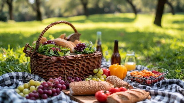 Sumptuous picnic spread out on a red and white checked cloth with wicker basket. Fresh fruits, bread, drinks and wildflowers set up on the grass in a beautiful summer forest. Happy family concept.