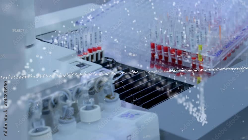 Poster animation of dna strand and data processing over scientist using tablet in lab