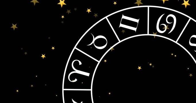 Animation of circle with zodiac signs over stars on black background