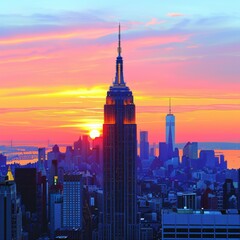 Vivid Sunrise Behind Empire State Building with Urban Silhouette