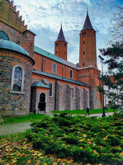 Fototapeta na wymiar Plock, Poland October 10, 2023: Cathedral towers and princely castle, of the Tumskie hill. autumn in Plock, Poland